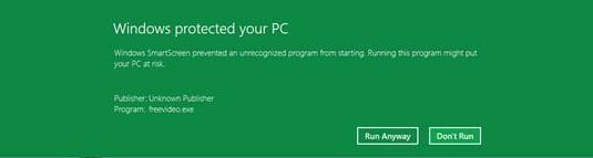 Так будет выглядеть предупреждение в Windows 8 при попытке запуска подозрительного приложения